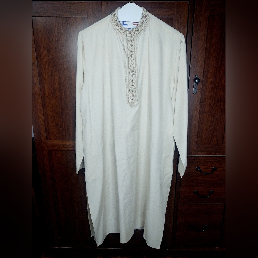 Vtg Men's Kurta 3/4 Length Sz 40 Cream & Brown